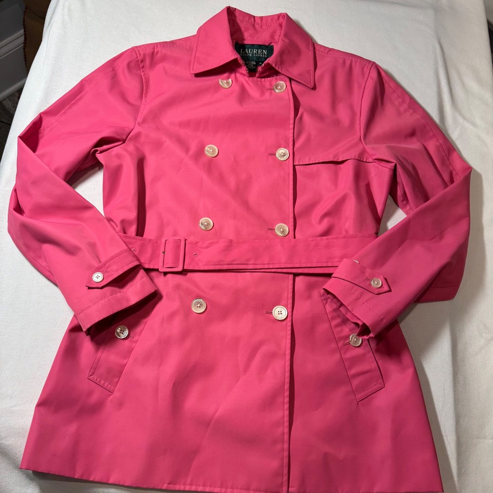 LAUREN Ralph Lauren Women Trench‎ Coat Belted Bubblegum Hot Pink Barbie Size M